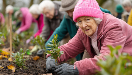 A group of older adults actively participate in outdoor gardening activities. They are seen planting young plants into the soil. The image showcases a natural daylight setting with a soft focus. This image could be used for editorial purposes or to illustrate themes related to community.の素材