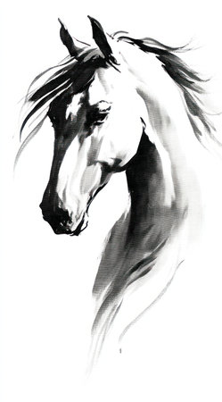 A graceful artwork depicts a horse head in monochromatic shades. The image showcases a fine art style with flowing lines and contrasting tones. The composition focuses on the animal's silhouette. This imagery could be used for various design projects, illustrations, or artistic applications. The lighting suggests a studio environment.の素材