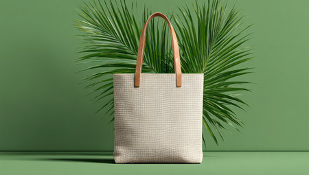An empty tote bag is presented in a studio setting, complemented by a large green palm leaf. The composition has a clean design, featuring soft lighting and a neutral color palette. This image could be used for product promotion, advertising campaigns, or as a visual element in editorial projects.の素材