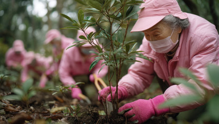 A group of older individuals, dressed in pink, tend to a young tree in a woodland setting. The scene is captured with a shallow depth of field, focusing on the foreground. The lighting suggests daytime activity, and the composition presents a naturalistic aesthetic. This image may be suitable for editorial or illustrative purposes.の素材