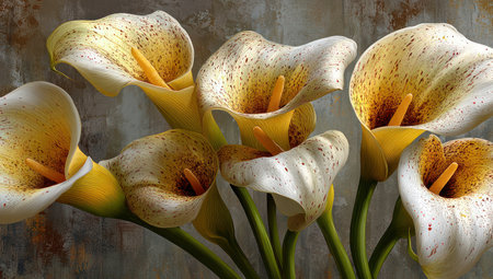 Calla lilies display soft white and yellow petals with speckled textures, possibly in an indoor setting. The composition showcases a close-up arrangement, highlighting natural beauty and elegance. This image might be suitable for various commercial uses, including artistic designs, or decorative purposes. The lighting appears soft.の素材