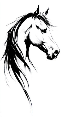 A striking black and white portrait depicts a horse's head with flowing mane and delicate features. The artwork showcases a graphic style with bold lines and contrasting shades. The lighting appears to be focused, emphasizing the form against a clean, white background. This image is suitable for various commercial uses.の素材