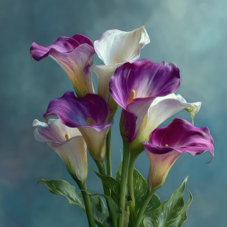 A close-up view displays several calla lilies with striking purple and white petals, complemented by green leaves. The composition highlights the flowers in full bloom. Soft lighting and a blurred blue background add depth to the photograph, suitable for various design projects and editorial uses.の素材