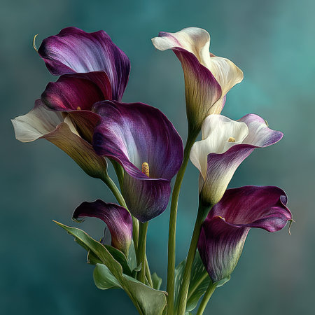 A close-up captures a bouquet of calla lilies, showcasing the flowers' delicate purple and white petals. The image highlights their trumpet-shaped forms against a soft, blurred background. The composition, lit with diffused light, suggests a focus on natural beauty, suitable for various decorative and design projects.の素材