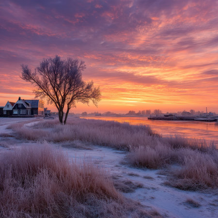 A vibrant sunset illuminates a winter scene featuring frosted fields, bare trees, and a body of water. The composition showcases a vivid color palette, with hues of orange, purple, and blue. The overall aesthetic suggests a tranquil environment suitable for various commercial or editorial applications.の素材