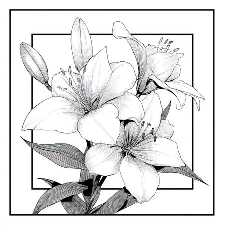 This black and white illustration showcases several lily flowers within a square border. The composition uses soft shading to define petals and leaves. The monochrome style creates a classic look. The image is suitable for various commercial uses, including print media and digital designs, offering a clean aesthetic.の素材