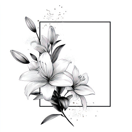 This black and white illustration showcases lilies, their delicate petals and leaves. The composition features a square frame, suggesting space for text or design elements. The image uses a detailed, artistic style and high contrast. Suitable for various creative projects, this image can be used for editorial and commercial purposes.の素材