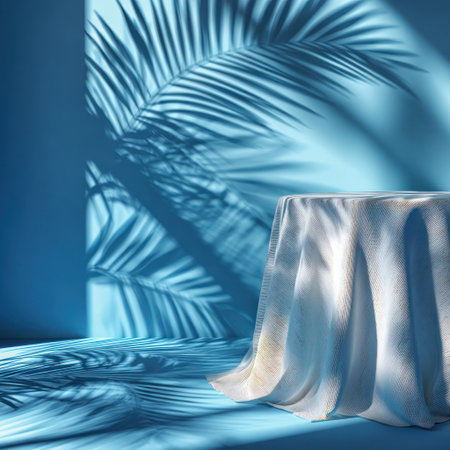 A light blue scene features a draped table with a subtle texture, illuminated by soft lighting. Palm leaf shadows add depth across the walls. The minimalist composition, emphasizing form and shadow, is suitable for commercial backdrops, product presentations, or creative editorial applications.の素材