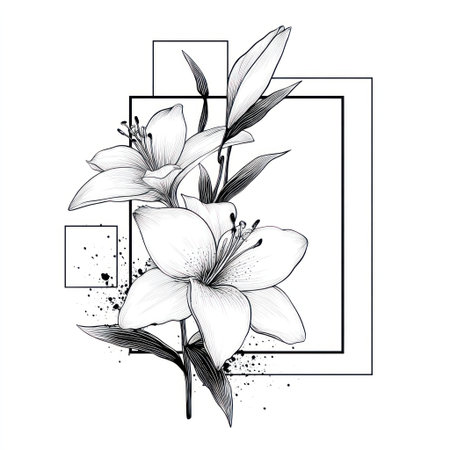 This black and white illustration showcases delicate lily flowers against geometric shapes. The artwork features fine lines, intricate details, and a minimalist style. The composition, lit with soft shadows, suggests a clean and modern aesthetic. Suitable for various applications, this design may be used for print and digital projects.の素材