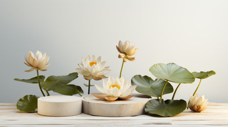 This image features a collection of white lotus flowers and green leaves arranged around a neutral-toned platform. The composition highlights the flowers' intricate details and textures. The lighting provides a soft, natural look, suggesting an indoor setting. Suitable for various design projects and commercial applications, emphasizing nature and elegance.の素材