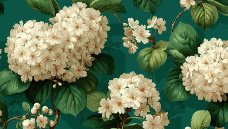 This image showcases a repeating pattern of white blossoms and vibrant green leaves against a deep teal background. The stylized botanical elements create a sense of harmony. The composition is suitable for textiles, packaging, or decorative applications, offering potential for various commercial or design projects.の素材