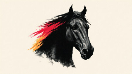 A close-up portrait showcases a dark horse head, its mane adorned with strokes of red and yellow. The artwork exhibits a semi-realistic style, featuring textural brushstrokes and dramatic lighting. The background presents a soft, neutral tone, emphasizing the horse's form and color. Suitable for various creative projects and design needs.の素材