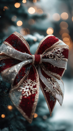 A close-up view displays an ornate bow, crafted from red and silver fabrics. The bow features snowflake embellishments, suggesting a celebratory atmosphere. The lighting highlights textures, creating a sense of depth and luxury. Suitable for commercial projects emphasizing decoration, seasonal events, or festive themes.の素材