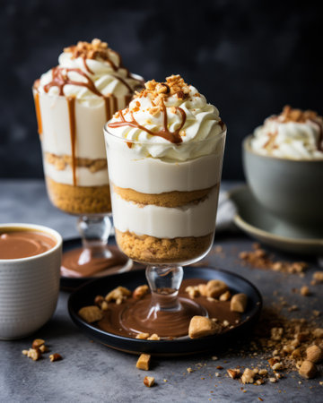 Close-up of layered parfaits in clear glasses, showcasing creamy white layers and caramel drizzle. The dessert has a crumbled base with whipped cream topping. Lighting highlights textures against a dark backdrop suggesting an inviting, indoor setting. Suitable for culinary, food, or restaurant-related marketing materials.の素材