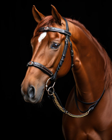 A graceful brown horse is depicted against a stark black background, highlighting its refined features. The image showcases the animal wearing a detailed bridle. Rich colors, textures, and composition define the artistic style. This versatile image suits diverse commercial and editorial applications.の素材