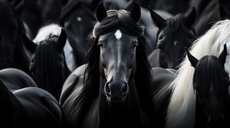 A close-up captures a group of horses, showcasing their dark coats and manes. The composition emphasizes texture, with the animals set against a shaded backdrop. This image utilizes lighting to enhance the forms, presenting a powerful scene. Suitable for a range of creative projects.の素材