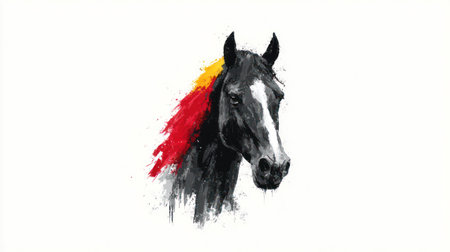 An artistic depiction of a horse's head against a clean white backdrop. The horse features a dark coat with a white face marking. The mane is adorned with vibrant streaks of color. This image's simple composition and studio lighting suggest potential use in advertising or illustrative projects.の素材