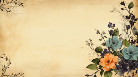 An artistic composition features a delicate floral display with blue and orange flowers on a textured paper backdrop. The image utilizes soft lighting, creating a warm, inviting atmosphere. This design is suitable for various applications, including print and digital projects, enhancing invitations and decorative designs.の素材