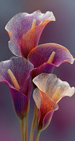 Five calla lilies display a delicate arrangement, showcasing translucent petals in shades of purple and orange. Their stems are a light green against a softly blurred background. The image, with its soft lighting and natural composition, can be used for various commercial or editorial applications.の素材