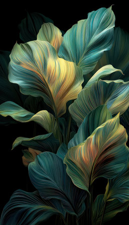 An artistic depiction presents oversized leaves in shades of teal, green, and yellow against a dark backdrop. The detailed illustration showcases the textures and forms, possibly created with digital techniques. This image could be suitable for various design projects, decorative purposes, or artistic applications.の素材