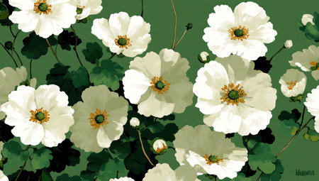 This image showcases an elegant floral arrangement. White blossoms with yellow centers are contrasted against a verdant green backdrop. The illustration employs a painterly style, featuring soft textures and diffused lighting. It is suitable for diverse commercial and editorial purposes, including decorative designs and artistic projects.の素材