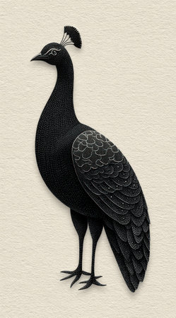 A refined illustration portrays a black peacock in profile, standing tall. The image features smooth textures and an overall aesthetic appeal. The lighting suggests a neutral environment, suitable for various uses, including editorial and design applications. Its minimalist style suits diverse purposes, potentially used for educational materials or artistic designs.の素材