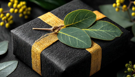 A close-up view presents a wrapped gift box, featuring black textured paper and a contrasting gold ribbon. Fresh green leaves adorn the top, adding a natural element. The composition is well-lit, highlighting the textures and colors. This image is suitable for promotional materials, product presentations, or general creative use.の素材