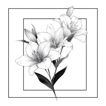 This black and white illustration showcases lilies, featuring delicate petals and leaves. The composition, set against a white background, employs fine lines and shading, creating a soft texture. The graphic is suitable for design projects, print, and various commercial applications, including editorial and decorative uses.の素材