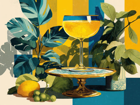 An inviting cocktail glass is presented on a decorative stand alongside lush green plants. The image showcases a colorful design with a yellow cocktail and decorative background. The lighting suggests a bright atmosphere with potential uses in advertising, design, or editorial contexts.の素材