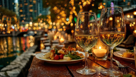 This image showcases a sophisticated dining experience, featuring two wine glasses in focus alongside plates of food. The composition highlights a warm color palette with soft lighting and bokeh effects suggesting a nighttime setting. Suitable for various editorial and commercial applications. The scene evokes a sense of social gathering and celebration.の素材