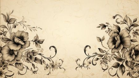 This image features a detailed floral illustration with dark tones against a textured, light background. The composition highlights blossoming flowers and foliage arranged symmetrically. The artwork appears to be a vintage design with a decorative appeal, suitable for various design projects and editorial content.の素材