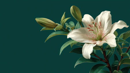 A close-up captures a pristine white lily in full bloom alongside unopened buds and verdant green foliage. The artwork is set against a deep teal backdrop. This floral composition presents a classic aesthetic and can be used for various commercial or decorative purposes. The image highlights natural beauty with a clean composition.の素材