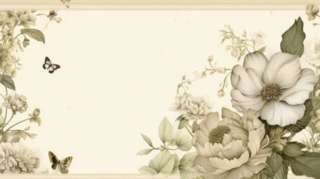 This image showcases a delicate floral arrangement featuring soft peonies and butterflies set against a cream-colored backdrop. The composition is classic, emphasizing the muted tones and the organic forms. It's suitable for various design projects, including invitations, cards, and decorative elements. The overall ambiance is subtle, possibly for editorial or commercial applications.の素材