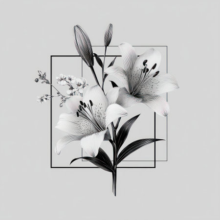 A grayscale artistic rendering showcases lilies and buds, creating a visually compelling display. The composition uses a geometric square frame, enhancing the delicate floral details. The contrasting black and white palette and sharp focus give the image a modern aesthetic. Suitable for various design applications, including artistic print and editorial projects.の素材