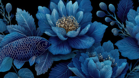 This image presents a detailed illustration with a dark background. It showcases vibrant blue flowers with textured petals. A koi fish is integrated within the floral arrangement. The composition uses a digital art style. This design could be suitable for various commercial purposes, including decorative prints and textile patterns.の素材