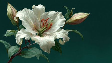 A close-up depiction showcases a vibrant white lily flower in full bloom, accompanied by unopened buds. The composition features smooth, curved petals with subtle shading. The flower is presented against a teal backdrop, enhancing its visual impact. This image is suitable for various commercial purposes, including decorative designs and artistic projects.の素材