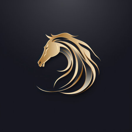A gold horse head logo is presented against a dark backdrop. The design displays fluid lines and a gradient effect, suggesting movement and energy. This vector illustration features a modern style, and is suitable for various commercial purposes, including marketing or advertising applications.の素材