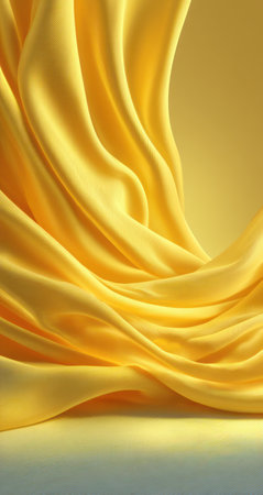 A close-up captures dynamic folds of yellow fabric, illuminated to highlight its soft texture and graceful movement. The image employs studio lighting, creating a warm, inviting atmosphere. This abstract representation may be suitable for diverse applications, including design, advertising, and marketing materials.の素材