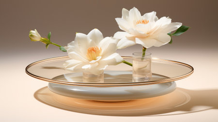 This image showcases a sophisticated floral arrangement with soft white flowers. The composition highlights the delicate petals against a neutral background. The lighting creates subtle shadows, enhancing the textures and the overall aesthetic. Suitable for various editorial and commercial applications.の素材