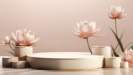 A sophisticated display featuring a central podium surrounded by stylized lotus flowers. The composition showcases a neutral color palette with warm lighting, creating a calm atmosphere. This image is suitable for advertising projects, promoting beauty products or showcasing delicate items, and general design purposes.の素材