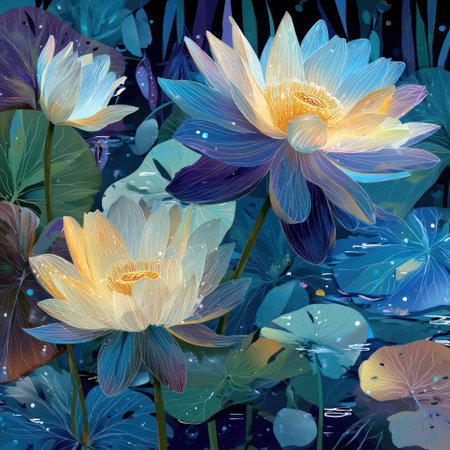 This illustration showcases close-up views of lotus flowers, displaying a range of colors. The artwork features detailed petals and leaves. The composition is likely for design projects, marketing materials, or editorial use. The digital rendering possibly depicts an ethereal, or fantasy environment.の素材