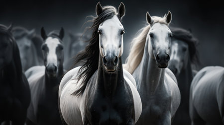 A striking composition features several horses with contrasting black and white coats. The image displays a dark background, highlighting the animals' forms. The artistic style suggests digital art with detailed textures and lighting. Suitable for diverse applications, including editorial and commercial design projects.の素材