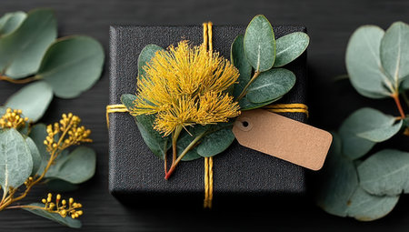 A close-up view displays a black gift box adorned with a golden ribbon, yellow flower, and green foliage. The arrangement sits on a dark background. The composition features soft lighting with a shallow depth of field, suitable for various commercial purposes, including product displays or promotional materials.の素材
