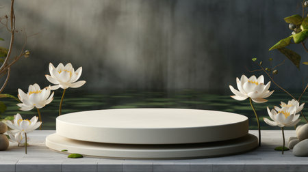 A minimalist composition showcases white lotus flowers surrounding a circular podium. The scene features soft lighting and a blurred water-like background, suggesting a serene outdoor environment. This visual is suitable for product presentations, advertisements, and editorial content related to beauty or wellness.の素材
