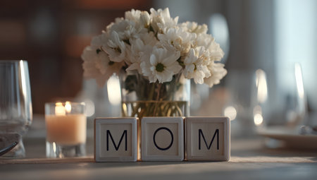 A close-up captures a white floral arrangement and blocks spelling MOM on a table. The composition includes a candle and glassware, suggesting a dining setting with warm lighting. This image could be used for holiday greetings, lifestyle content, or general visual interest.の素材