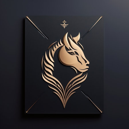 An artistic depiction presents a gold horse head emblem set against a dark, textured backdrop. The design employs linear elements and showcases a contrast of light and shadow, suggesting a professional or corporate aesthetic. This image may be suitable for various commercial applications, including branding and advertising.の素材