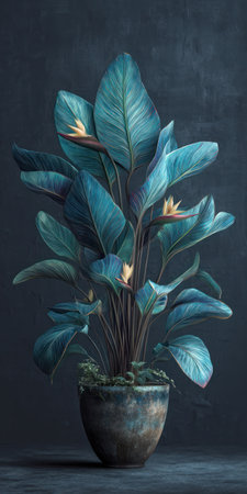 A close-up view presents a potted plant with large teal leaves. Delicate yellow flowers bloom amidst the foliage. The plant sits within a decorative pot against a dark background, suggesting an interior setting. This image may be suitable for botanical illustrations, home decor, or design projects.の素材