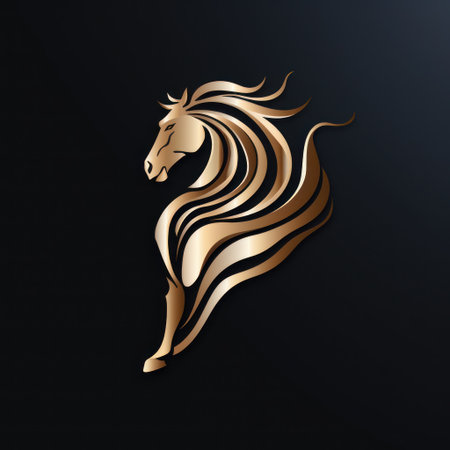 This image presents a stylized illustration of a horse in a golden color, set against a dark backdrop. The artwork features flowing lines and a dynamic pose, suggesting movement. The composition and lighting create a sophisticated look suitable for a variety of uses including promotional materials and website design.の素材