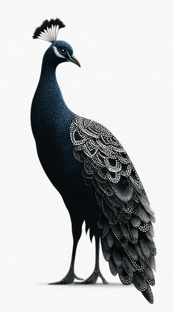 This illustration features a peacock in full profile, rendered with intricate detail. The bird is depicted against a stark white backdrop, emphasizing its dark blue and grey plumage. This image utilizes a classical illustration style, which may be suitable for various design applications including editorial use or commercial purposes.の素材