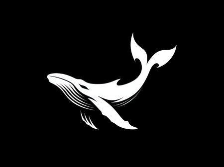 A striking graphic features a stylized white whale illustration set against a stark black backdrop. The design showcases clean lines and a minimalist style, emphasizing the whale's form. Suitable for various applications, this image is ideal for use in branding, marketing, and design projects.の素材